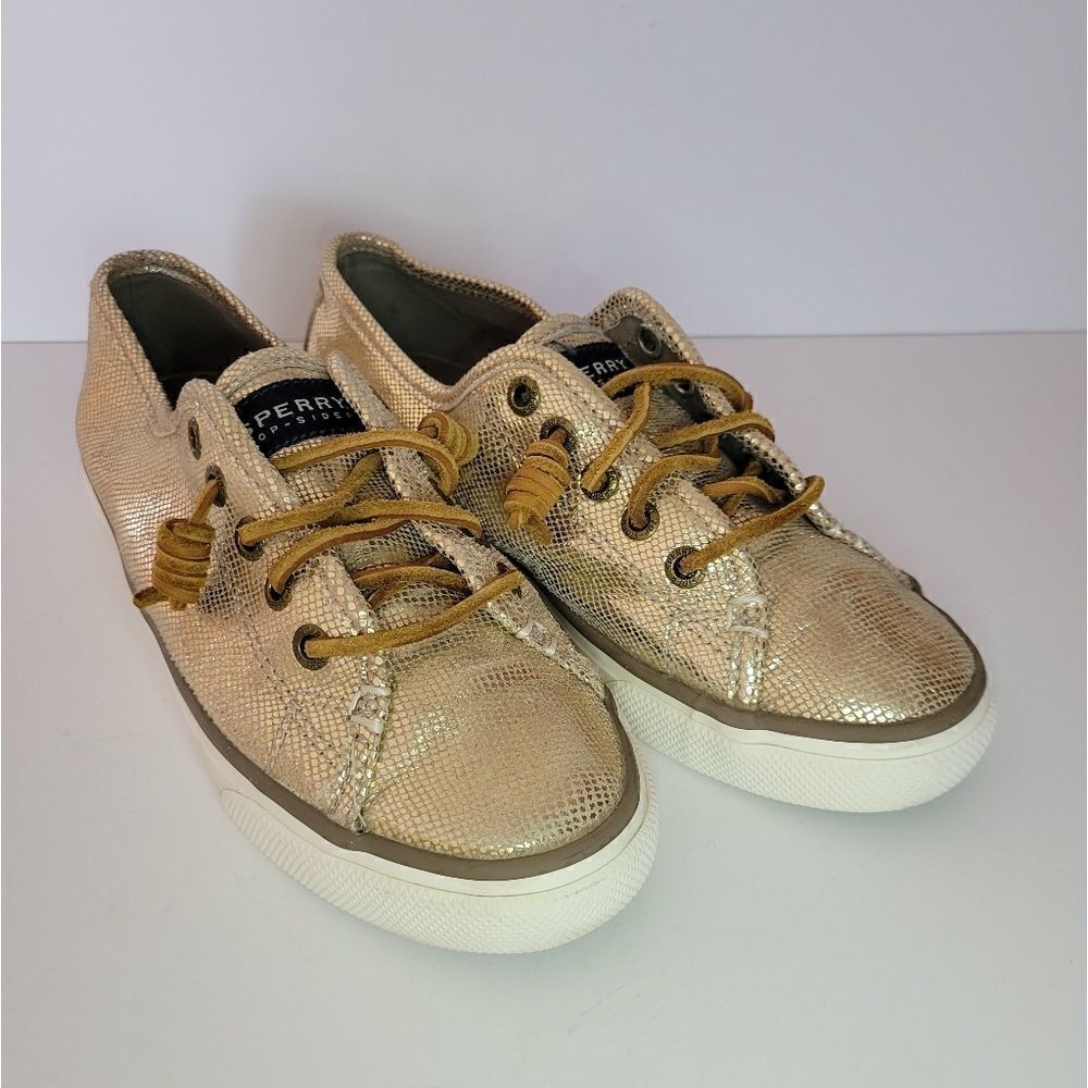 Women's Gold Sperry Topsider Leather Sneakers - Picture 2 of 13